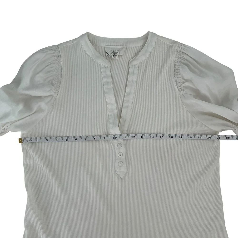Pomander Place White Livia Puff Sleeve‎ V Neck Top SZ  XXL Costal Minimalist